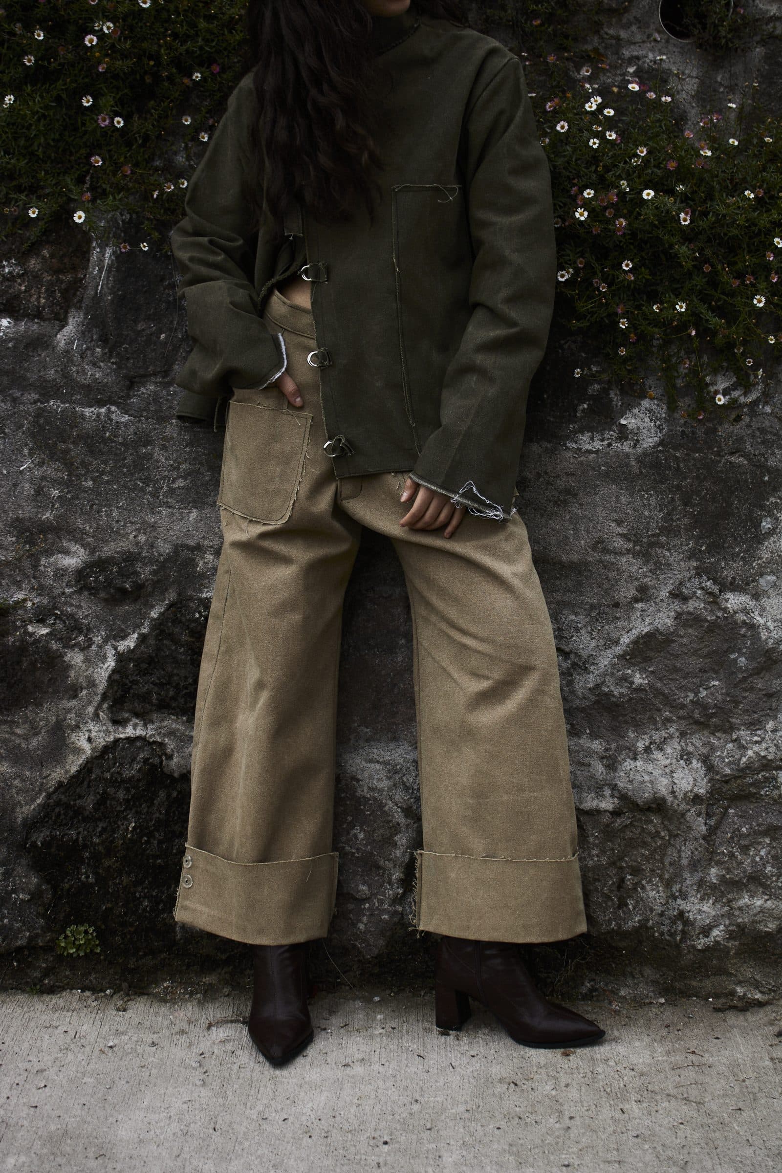 ILE trousers in beige tapestry, worn with the AKIN jacket