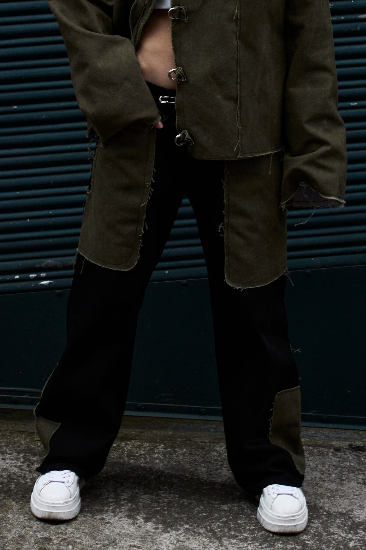 MOSS trousers, full length, worn with the AKIN jacket and white trainers