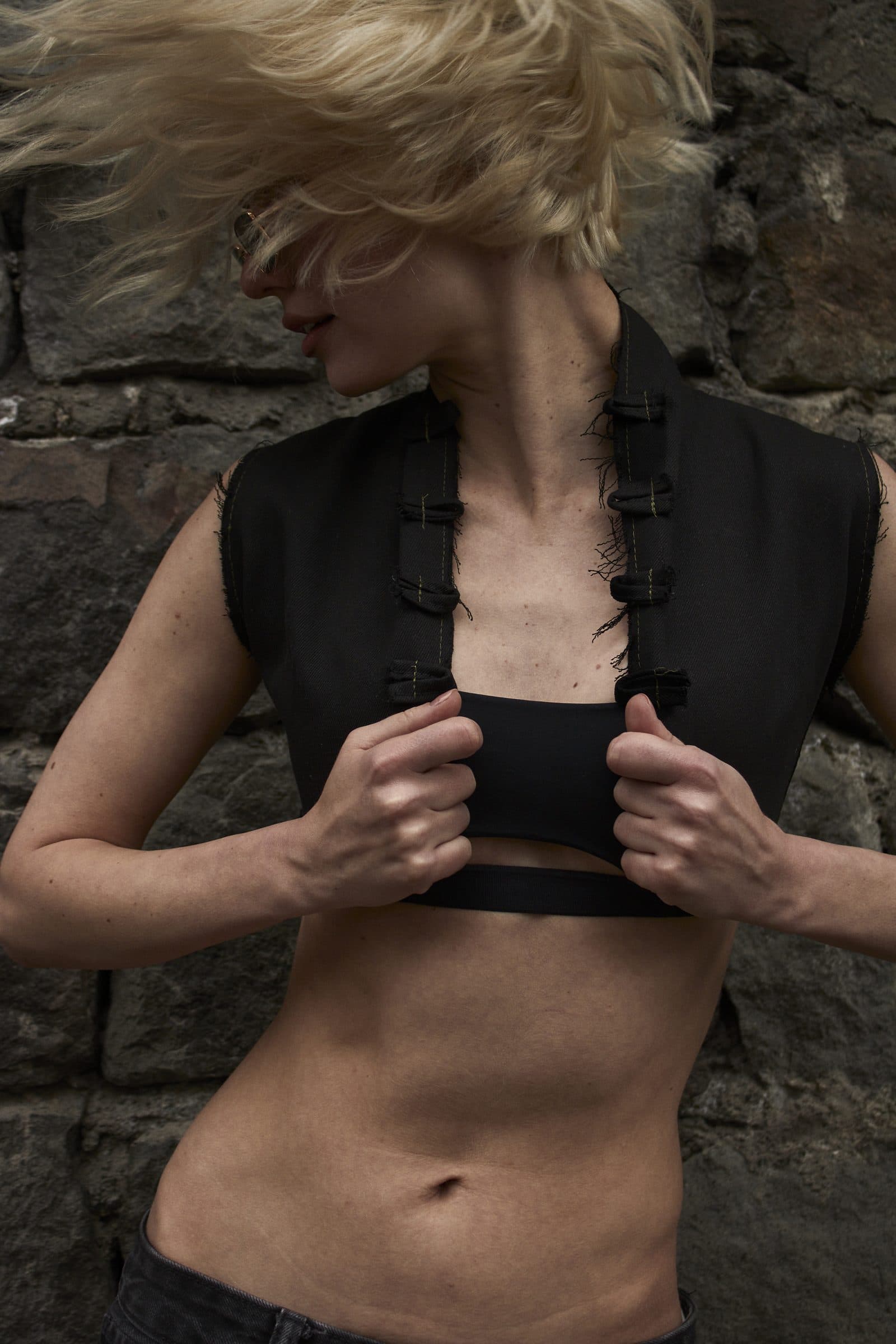 ONYX bolero in black denim, hair in motion